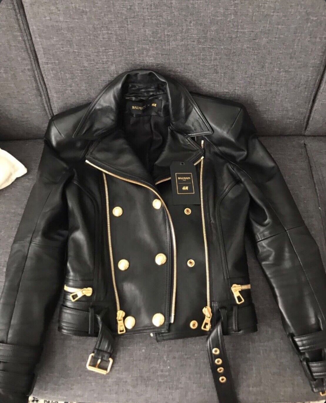 hat tilstødende forhandler NEW BALMAIN x H&amp;M Black Leather Biker Motorcycle Jacket US4 EU 34 | eBay