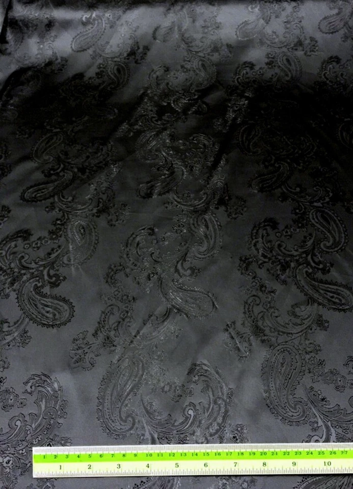 Paisley Woven Brocade NON STATIC Viscose Satin Feel Shiny 58"W Fabric - Black - Image 2 of 3