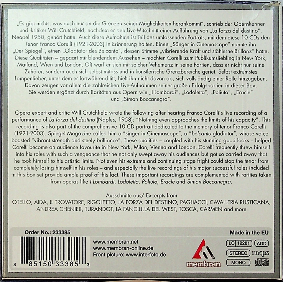 FRANCO CORELLI - Power And Beauty 10-CD Box Set Opera Arias Otello Aida Carmen + - Image 3 of 3