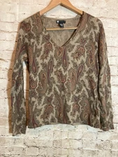 Carole Little Sweater Womens Large Brown Paisley Lambswool & Angora Lightweight