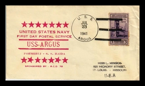 US COVER USS ARGUS NAVAL CANCEL FIRST DAY POSTAL SERVICE
