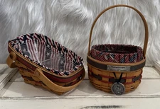Longaberger 1997 Inaugural Basket 1996 Sleigh, Basket  Red White Blue Liners (2)