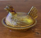 RARE Vtg Indiana Glass 7” Hen on Nest - Golden Carnival Amber Iridescent