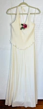 VTG 70s BOHO DISCO YOUNG EDWARDIAN ARPEJA PLEATED IVORY ROSE A-LINE MAXI DRESS*S