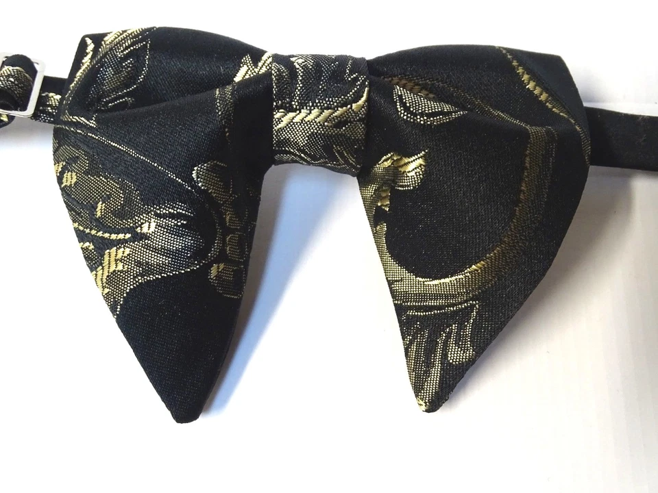 Gravata borboleta brocada feita à mão estilo vintage anos 70 preta/dourada presente de formatura de casamento - Imagem 2 de 3