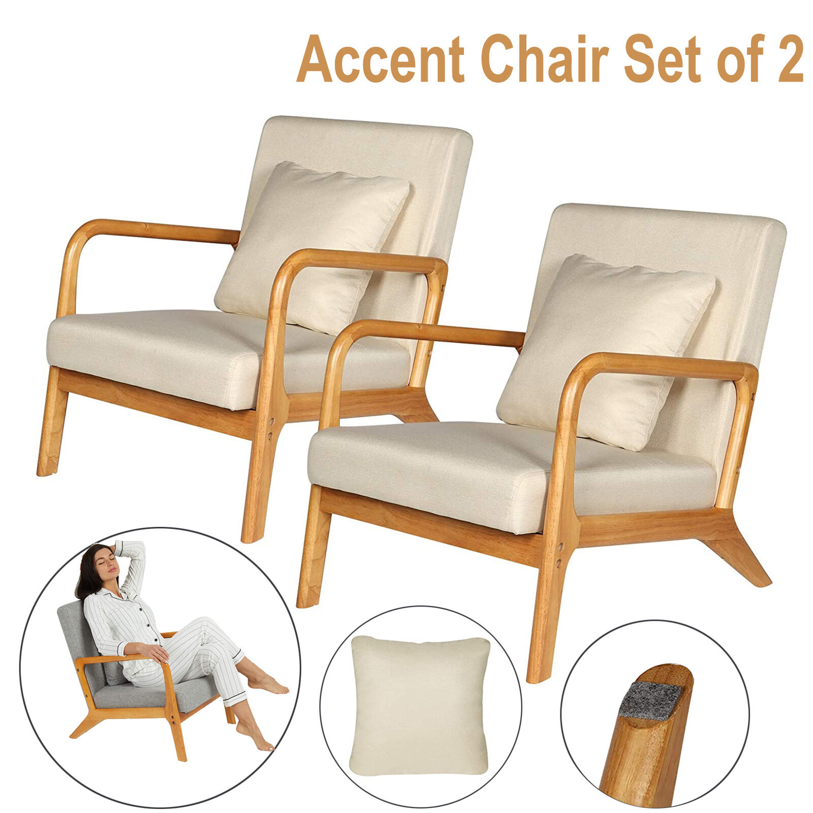 Wide Accent Chair Set of 2 Reading Armchairs Upholstered Fabric Lounge Sofa