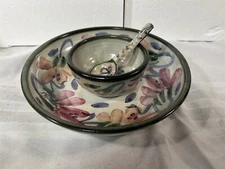 Pair of Matching Studio Pottery Bowls with Ladle Floral Decor