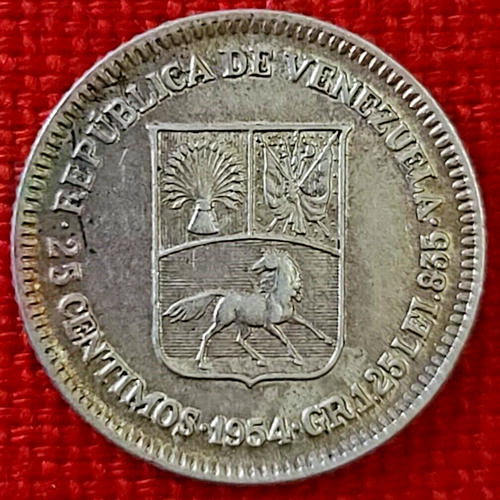 1954 Venezuela 25 Centimos Silver Coin - Simon Bolivar - Y# 35 (J)