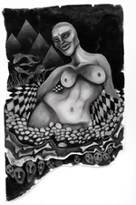 Phoenix - Large Original Pastel Drawing Black & White. Esoteric contemporary Art