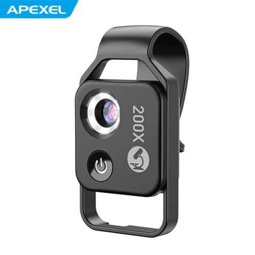 Apexel 200X Obiektyw mikroskopu telefonu z uniwersalnym klipsem telefonu LED Wypełniacz Światło F7Z5 - Zdjęcie 1 z 12