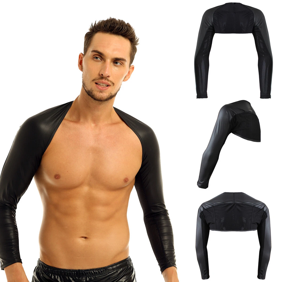 Sexy Mens Mesh Fishnet Sheer Arm Sleeves Shrug Crop Top T shirt Clubwear Costume