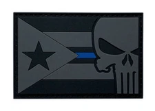 Puerto Rico Flag Skull  Thin Blue Line Patch[3D-PVC Rubber-3.0 X 2.0 inch ]