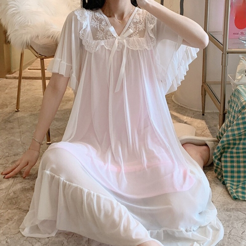 Women Lolita Nightdress Floral Lace Ruffle Sleepwear Nightgown Princess Cute