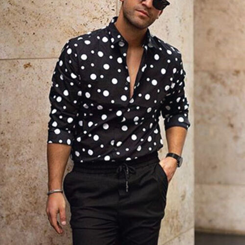 Mens Retro Polka Dot Long Sleeve Down Shirt Slim Fit Button Shirt Tee Blouse Top - Picture 6 of 18