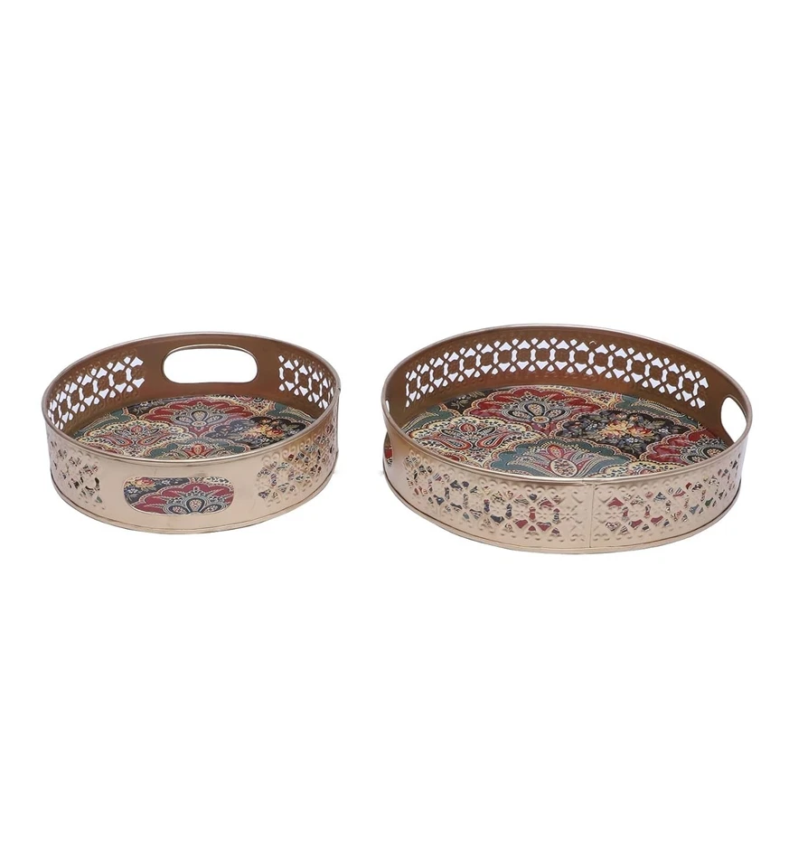 Traditional Design Metal Round Serving Trays  handcrafted,  Trays Set 2 piece - Image 4 of 4