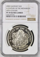 TOP POP 2000 Guernsey Silver £5 A Century Of Monarchy Proof NGC PF70