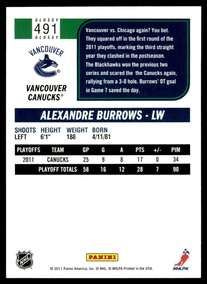 2011-12 Score Glossy Alexandre Burrows Vancouver Canucks #491 - Image 2 of 2