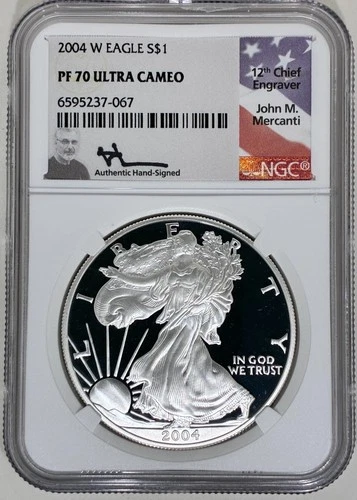 2004-W AMERICAN SILVER EAGLE NGC PF70  UC JOHN MERCANTI FLAG LABEL