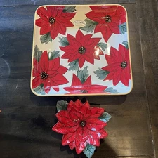 Clay Art Poinsettia Chip And Dip Hand Painted Christmas 14x14 Platter & Bowl