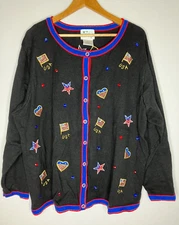 The Quacker Factory USA Patriotic Womens 2XL Black Button Cardigan Sweater Beads