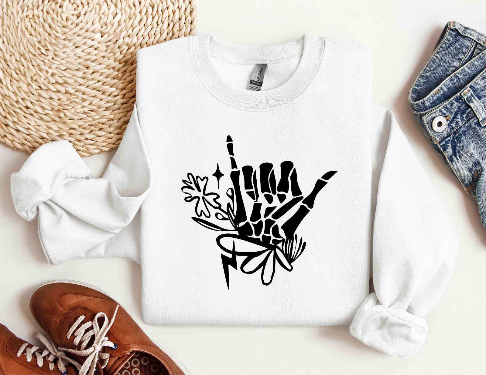 Homebody Sweatshirt with Skeleton and Skull Floral Design