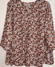 New ! Croft & Barrow Brown Floral ~Split neck ~Pintuck  Blouse Sz 4X