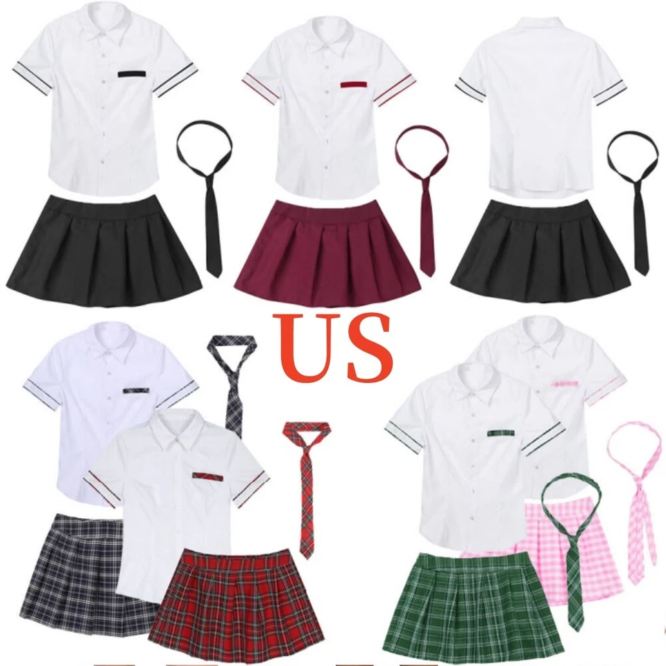 Mujeres Colegialas Uniforme Manga Corta Camisa Falda a Cuadros Juegos con disfraces Foto 3 de 3