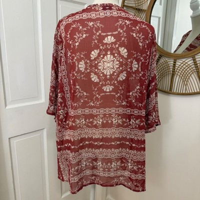 Christopher Banks Sheer Kimono Top S/M Rust Bandana Print Western Boho  Beach