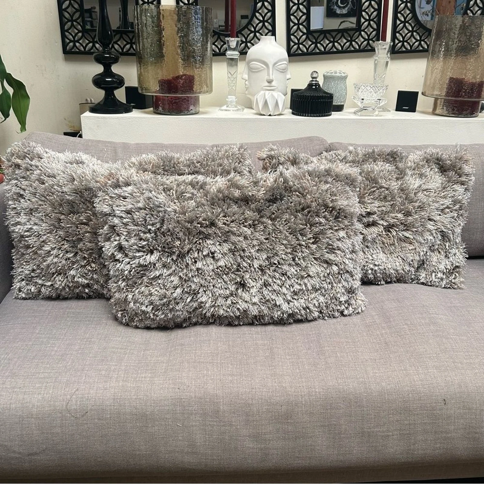 Platinum Gray Metallic Silver Shimmer Fur Shag Thread Accents Pillow #08202510A