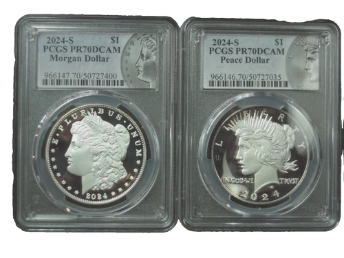2024-S Proof  Morgan and Peace Silver Dollar 2pc Set PCGS PR70