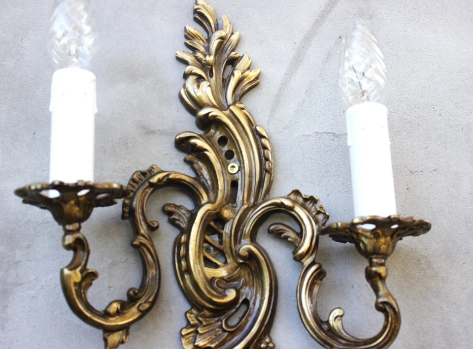 Vintage French Rococo Brass Wall Sconces Pair of Ornate Candle Style Wall Lights - Image 2 of 4