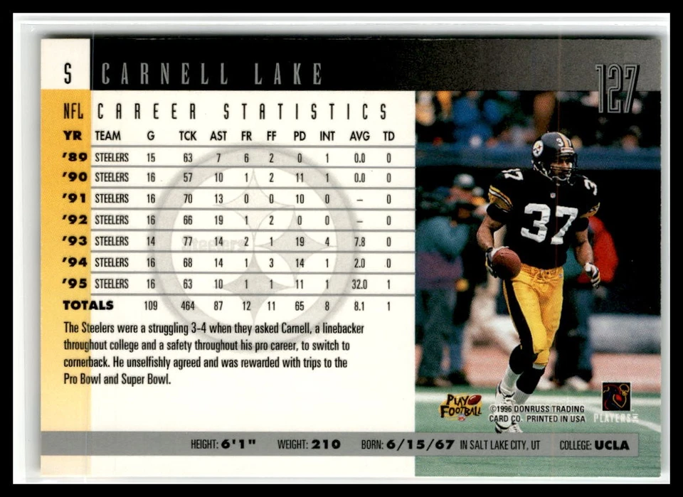 Carnell Lake 1996 Donruss #127 Pittsburgh Steelers - Image 2 of 2