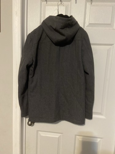 Structure Coat Men Small Grey Wool Pea Button Jacket Lined Adult Hooded Pockets - Picture 5 of 7
