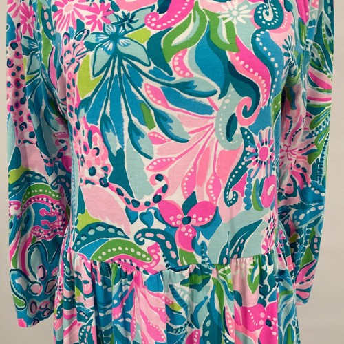 Lilly Pulitzer Geanna Swing Dress Sz Medium Pink Blue Bold Floral Supima Cotton - Picture 3 of 17