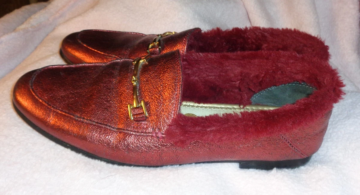 Sam Edelman Loraine Crinkle Metallic Loafers Faux Fur Red Women s Size 8