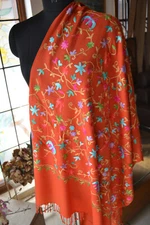 CREWEL EMBROIDERED 100% CASHMERE PASHMINA TUSCANY RUST SHAWL