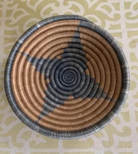 Vintage 7” Handmade African Woven Coil Round Basket Bowl Blue Brown