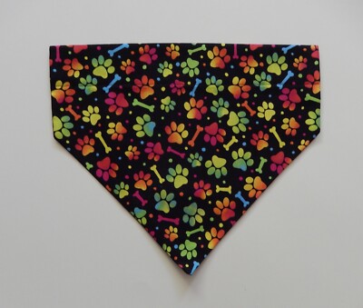 BRIGHT PAW PRINTS & BONES ON BLACK DOG SCARF/BANDANA--S, M, L
