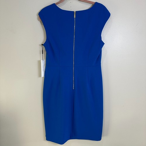 Calvin Klein Dress Size 12 Blue Stretch Crepe Pleated Square Neck Sheath NWT - Picture 10 of 10