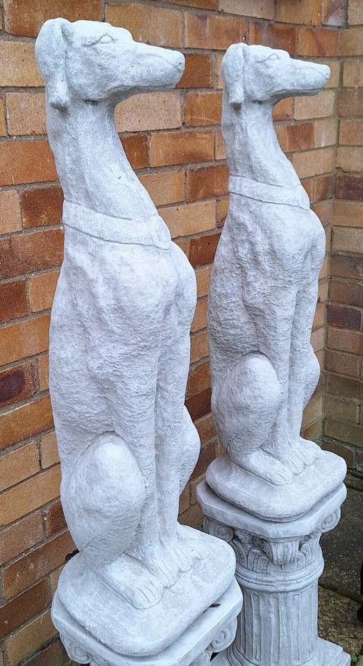 Pair Lurchers / Greyhounds on Plinths / Columns Stone Statue Garden
