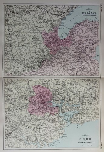 ENVIRONS OF BELFAST & CORK, original antique atlas map, RAILWAYS, G. Bacon, 1890 - Picture 2 of 4