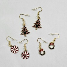 Set Of 3 Handcrafted Christmas Holiday Dangle Earrings Tree Candy  Wreath