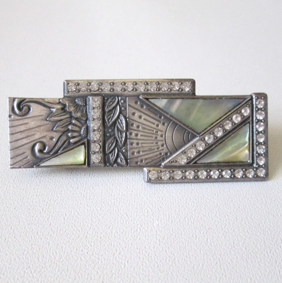 Vintage Nuri Pewter Brooch Bar Pin Art Deco Revival Rhinestones Abalone Signed - Image 2 of 4