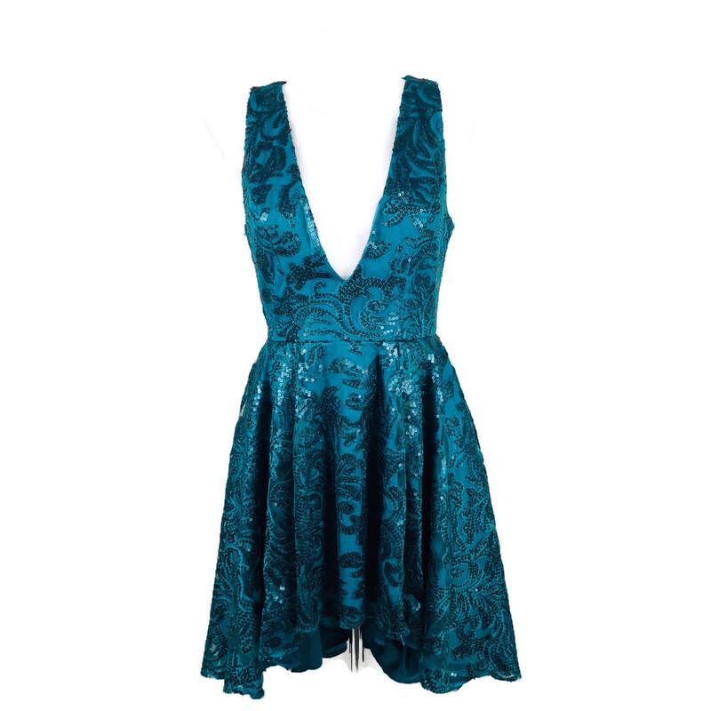 Jade Deep V Sequin Bebe High Low Dress Size 6 Gem