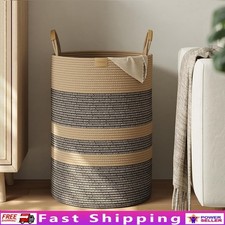 Natural Cotton Laundry Hamper Woven Basket W/ Leather Handles Storage Solution