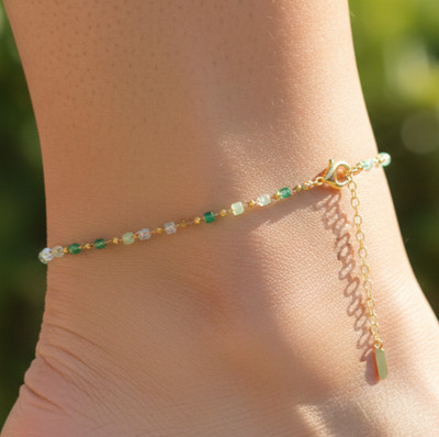 Gold Color Emerald Green Beaded Anklet Minimalist Brass Chain Designer Anklet