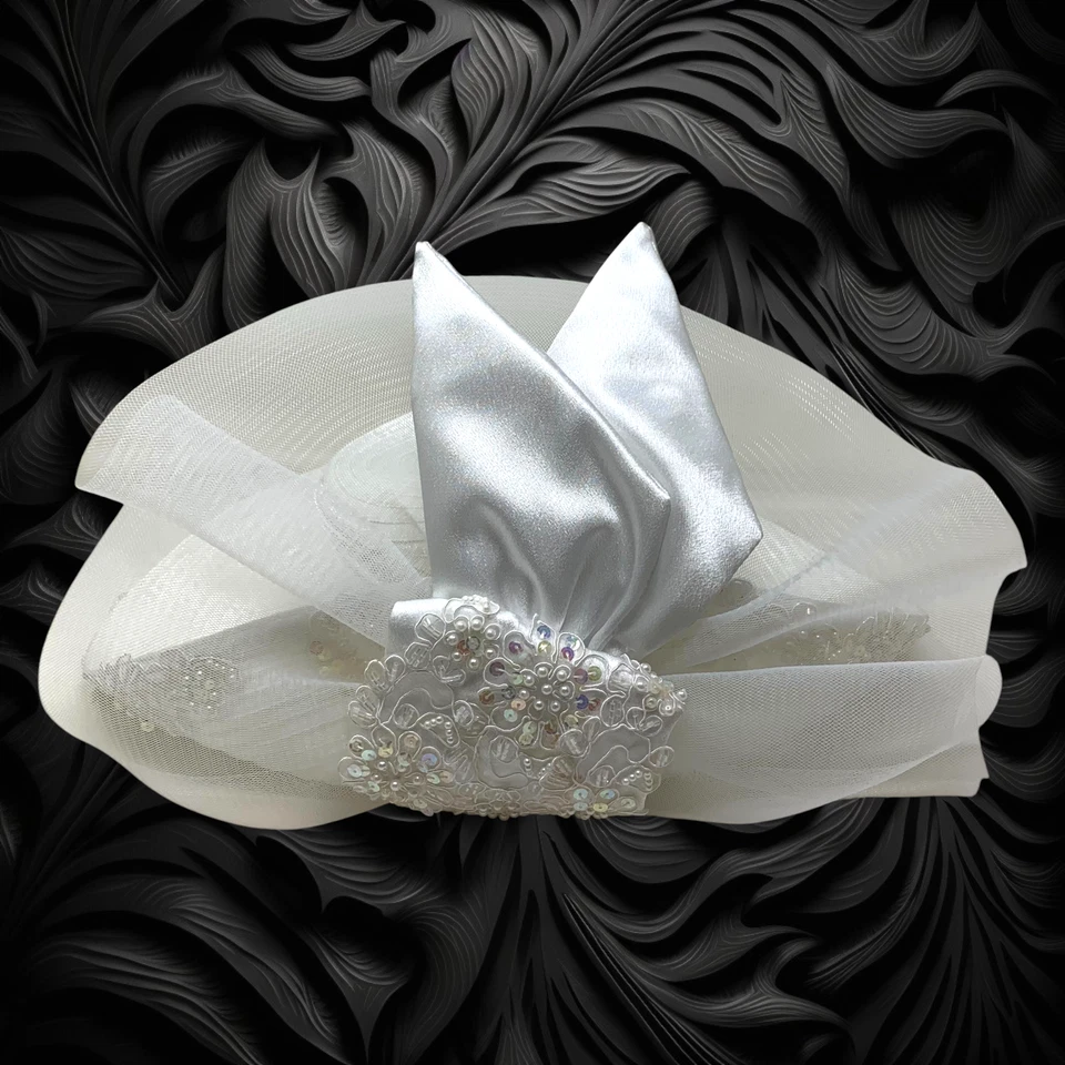Vintage Whitall & Shon Kentucky Derby Church Hat White Satin Sequin Organza Bow - Image 2 of 4
