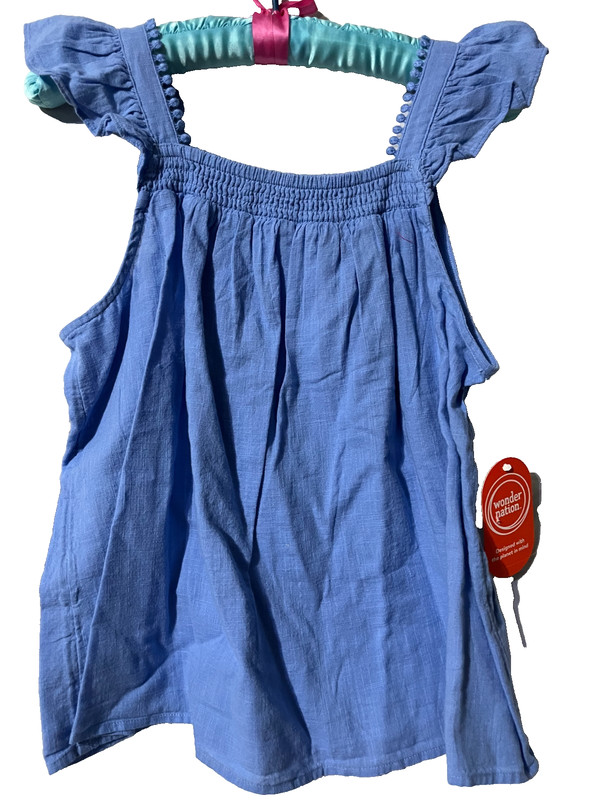 WONDER NATION WOVEN TANK XXL 18 GIRLS SHIRT-POWDER BLUE-POMPOM TRIM-NWT