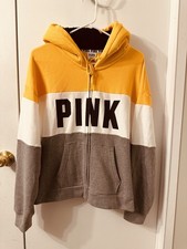 PINK Colorblock Full Zip Hoodie Yellow White Gray Women's Size M