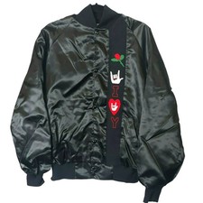 Vtg West Ark Satin Embroidered Rose Love Sign Bomber Jacket Size L Black Hippie